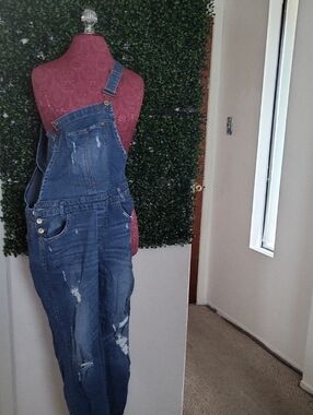 Distressed Blue Denim Overalls for Women